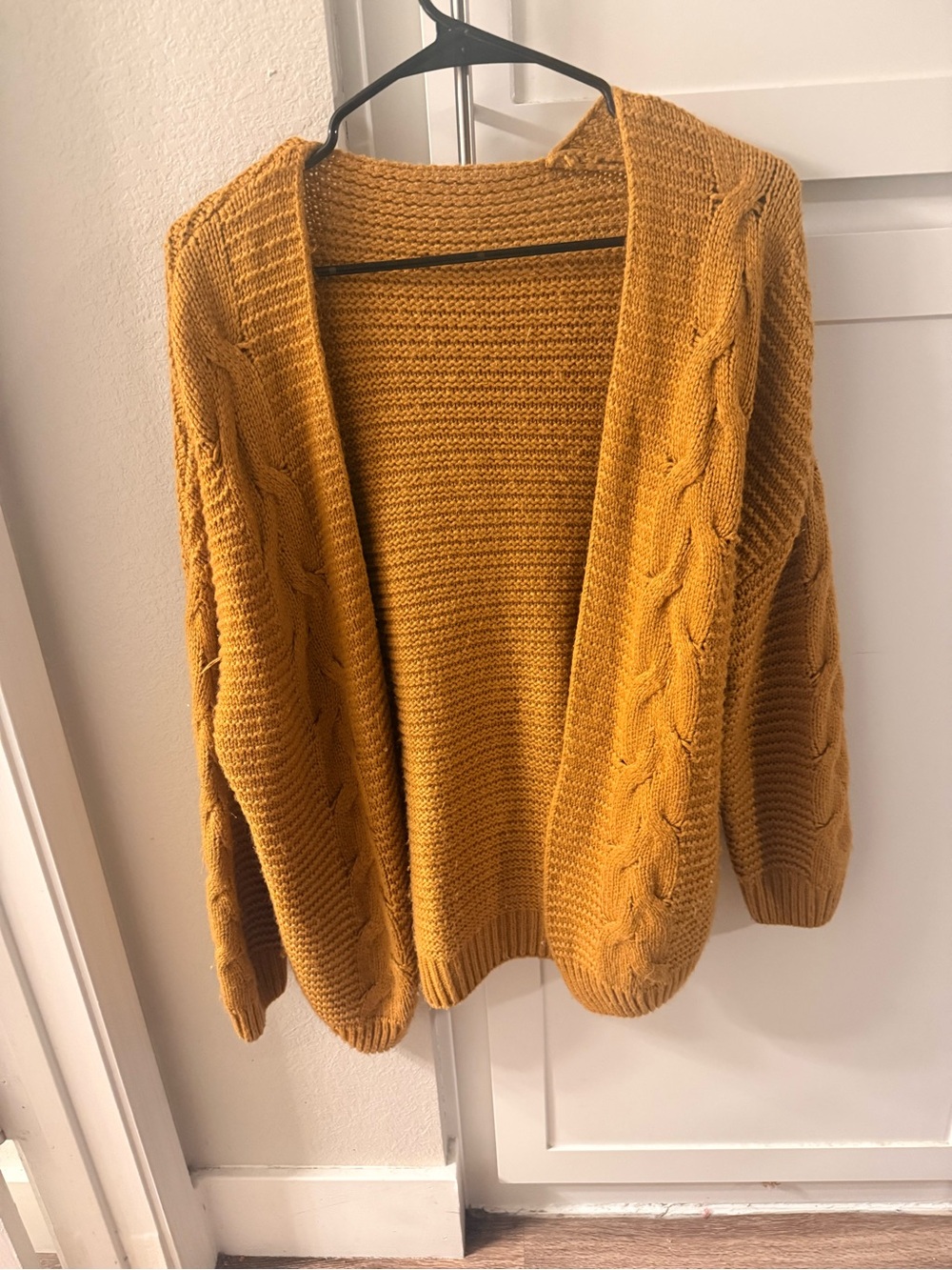 Women’s Mustard Cable-Knit Open Cardigan Sweater Cottagecore